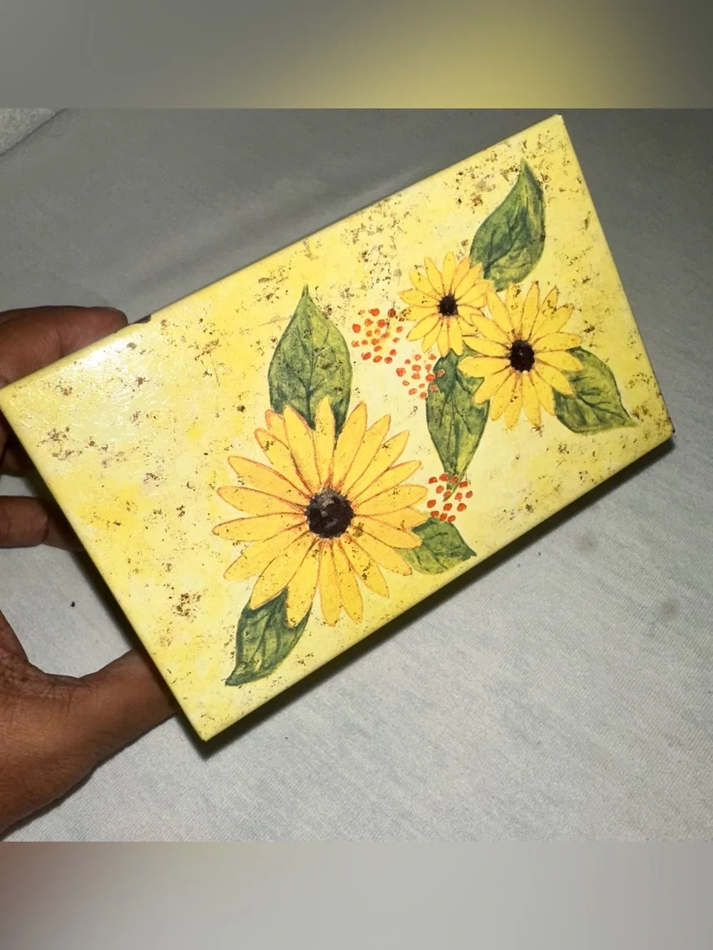 Vintage 70s Sunflower Butterfly Tin Recipe Box Syndicate Mfg Co Metal Yellow